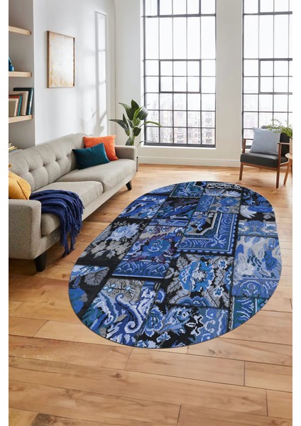 Baskılı Kaymaz Taban Yıkanabilir Patchwork Desen Oval Yolluk Salon Halısı, O-Patchwork-12-Mavi,