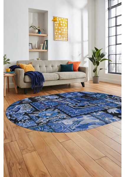 Baskılı Kaymaz Taban Yıkanabilir Patchwork Desen Oval Yolluk Salon Halısı, O-Patchwork-12-Mavi,