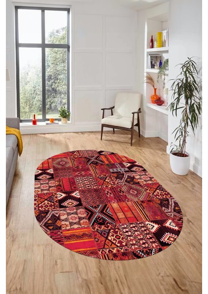 Baskılı Kaymaz Taban Yıkanabilir Patchwork Desen Oval Yolluk Salon Halısı, O-Patchwork-06-Kırmızı,