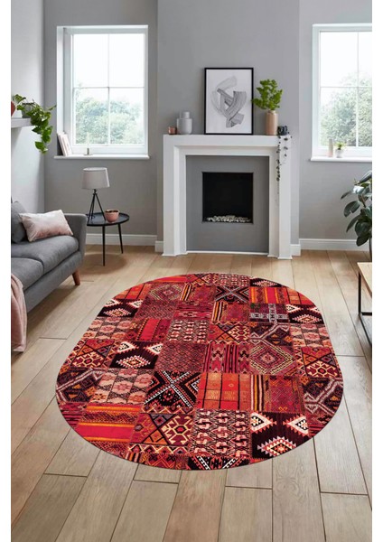 Baskılı Kaymaz Taban Yıkanabilir Patchwork Desen Oval Yolluk Salon Halısı, O-Patchwork-06-Kırmızı, indirimleri