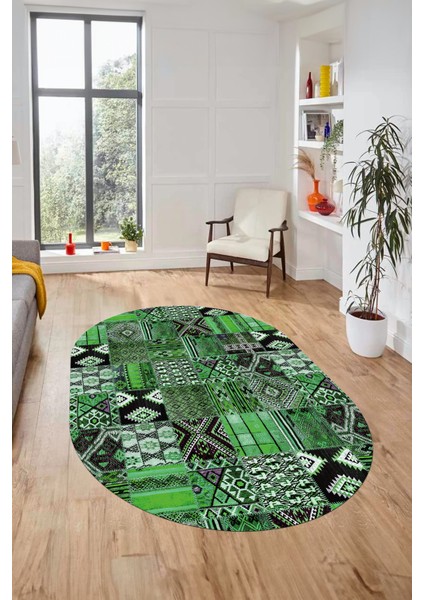 Baskılı Kaymaz Taban Yıkanabilir Patchwork Desen Oval Yolluk Salon Halısı, O-Patchwork-06-Yeşil,