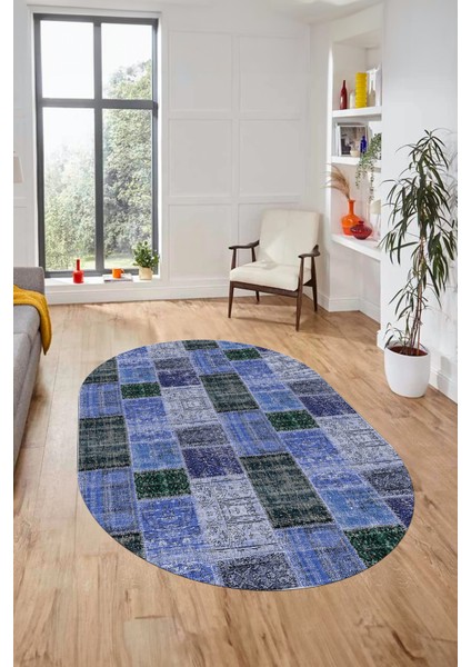 Baskılı Kaymaz Taban Yıkanabilir Patchwork Desen Oval Yolluk Salon Halısı, O-Patchwork-07-Mavi,
