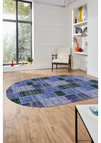 Baskılı Kaymaz Taban Yıkanabilir Patchwork Desen Oval Yolluk Salon Halısı, O-Patchwork-07-Mavi, fiyatları