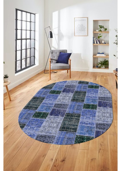 Baskılı Kaymaz Taban Yıkanabilir Patchwork Desen Oval Yolluk Salon Halısı, O-Patchwork-07-Mavi, modelleri
