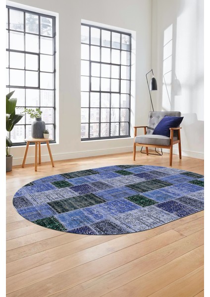 Baskılı Kaymaz Taban Yıkanabilir Patchwork Desen Oval Yolluk Salon Halısı, O-Patchwork-07-Mavi, fırsatları