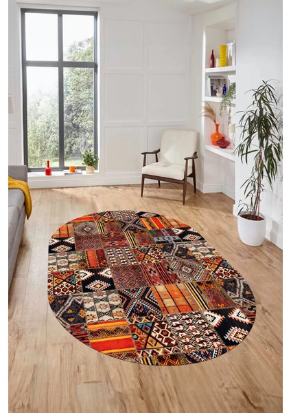 Baskılı Kaymaz Taban Yıkanabilir Patchwork Desen Oval Yolluk Salon Halısı, O-Patchwork-06-Renkli,