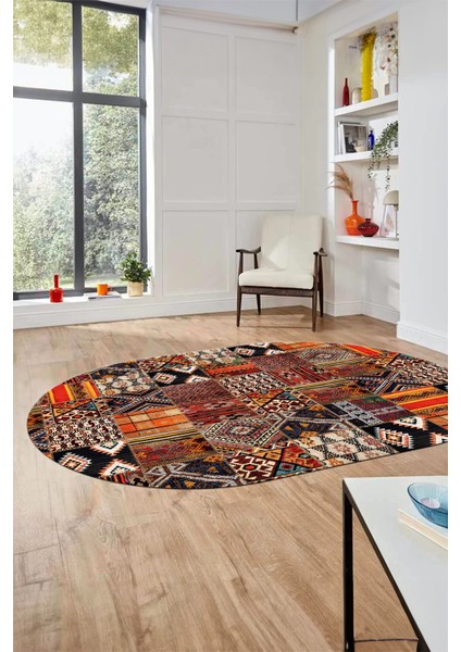 Baskılı Kaymaz Taban Yıkanabilir Patchwork Desen Oval Yolluk Salon Halısı, O-Patchwork-06-Renkli,