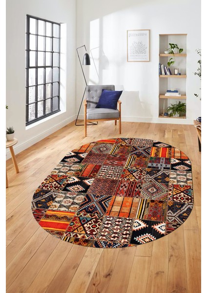 Baskılı Kaymaz Taban Yıkanabilir Patchwork Desen Oval Yolluk Salon Halısı, O-Patchwork-06-Renkli,