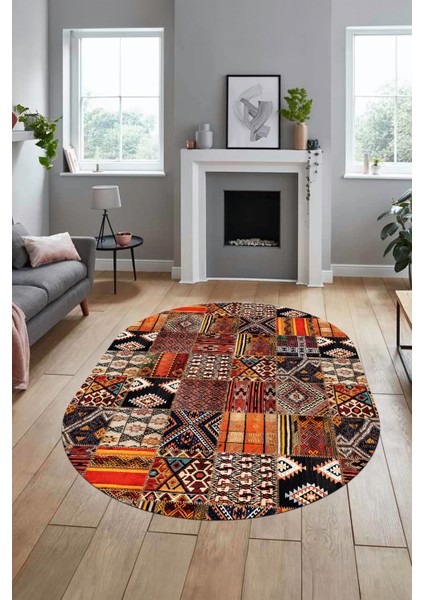 Baskılı Kaymaz Taban Yıkanabilir Patchwork Desen Oval Yolluk Salon Halısı, O-Patchwork-06-Renkli,