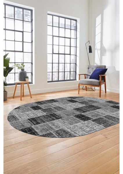 Baskılı Kaymaz Taban Yıkanabilir Patchwork Desen Oval Yolluk Salon Halısı, O-Patchwork-07-Gri, fırsatları