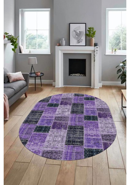 Baskılı Kaymaz Taban Yıkanabilir Patchwork Desen Oval Yolluk Salon Halısı, O-Patchwork-07-Mor,