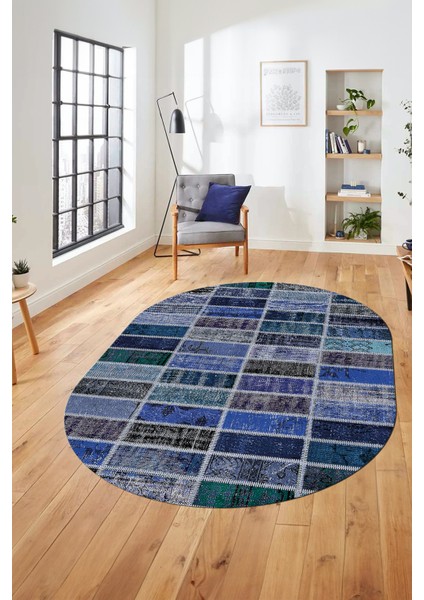 Baskılı Kaymaz Taban Yıkanabilir Patchwork Desen Oval Yolluk Salon Halısı, O-Patchwork-09-Mavi, fiyatları