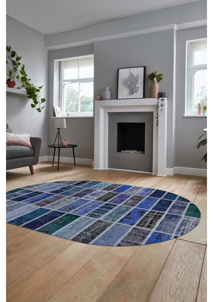 Baskılı Kaymaz Taban Yıkanabilir Patchwork Desen Oval Yolluk Salon Halısı, O-Patchwork-09-Mavi, indirimleri