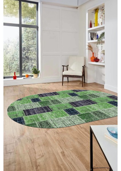 Baskılı Kaymaz Taban Yıkanabilir Patchwork Desen Oval Yolluk Salon Halısı, O-Patchwork-07-Yeşil,