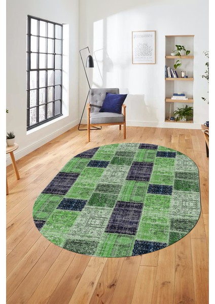 Baskılı Kaymaz Taban Yıkanabilir Patchwork Desen Oval Yolluk Salon Halısı, O-Patchwork-07-Yeşil, fiyatları