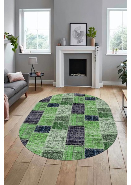 Baskılı Kaymaz Taban Yıkanabilir Patchwork Desen Oval Yolluk Salon Halısı, O-Patchwork-07-Yeşil, fırsatları