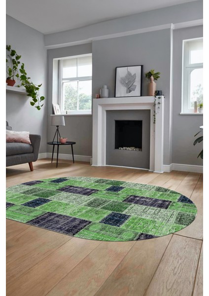 Baskılı Kaymaz Taban Yıkanabilir Patchwork Desen Oval Yolluk Salon Halısı, O-Patchwork-07-Yeşil, indirimleri