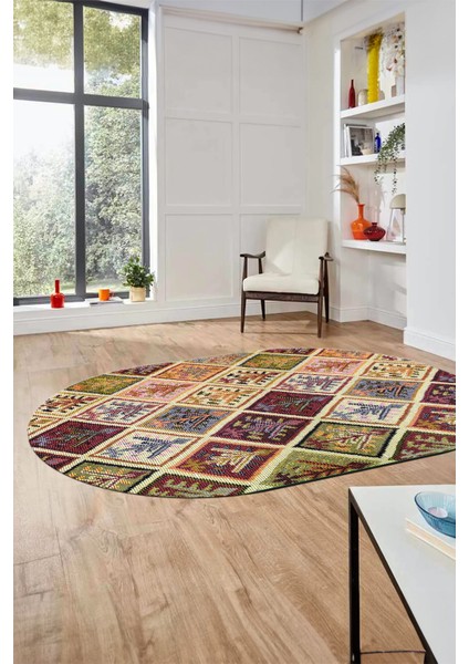 Baskılı Kaymaz Taban Yıkanabilir Patchwork Desen Oval Yolluk Salon Halısı, O-Patchwork-08-Renkli,