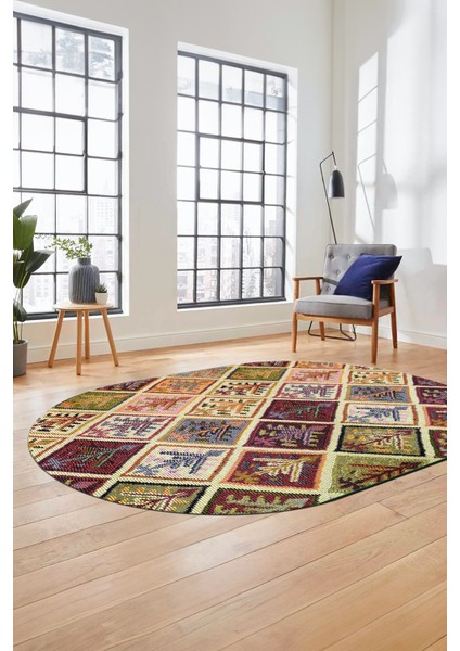 Baskılı Kaymaz Taban Yıkanabilir Patchwork Desen Oval Yolluk Salon Halısı, O-Patchwork-08-Renkli, modelleri