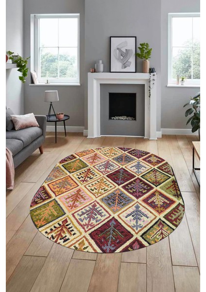 Baskılı Kaymaz Taban Yıkanabilir Patchwork Desen Oval Yolluk Salon Halısı, O-Patchwork-08-Renkli, fırsatları