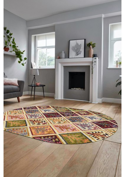 Baskılı Kaymaz Taban Yıkanabilir Patchwork Desen Oval Yolluk Salon Halısı, O-Patchwork-08-Renkli, indirimleri