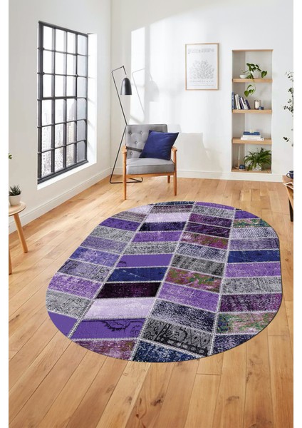 Baskılı Kaymaz Taban Yıkanabilir Patchwork Desen Oval Yolluk Salon Halısı, O-Patchwork-10-Mor,