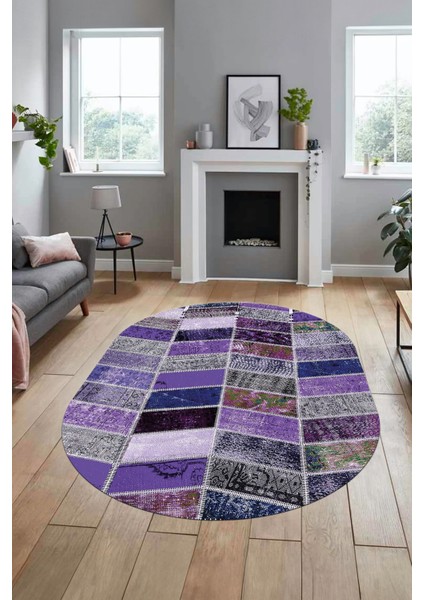 Baskılı Kaymaz Taban Yıkanabilir Patchwork Desen Oval Yolluk Salon Halısı, O-Patchwork-10-Mor,