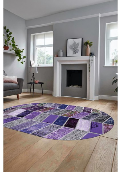 Baskılı Kaymaz Taban Yıkanabilir Patchwork Desen Oval Yolluk Salon Halısı, O-Patchwork-10-Mor,