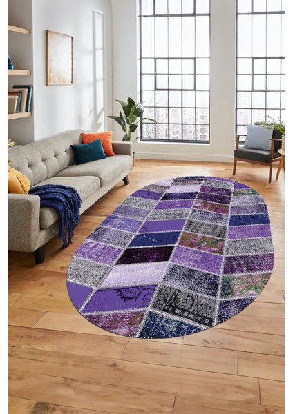 Baskılı Kaymaz Taban Yıkanabilir Patchwork Desen Oval Yolluk Salon Halısı, O-Patchwork-10-Mor,