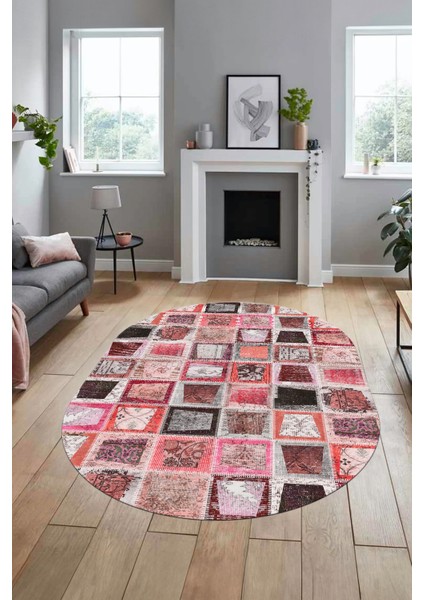Baskılı Kaymaz Taban Yıkanabilir Patchwork Desen Oval Yolluk Salon Halısı, O-Patchwork-14-Kırmızı, fiyatları