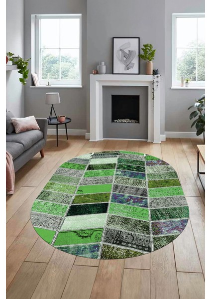 Baskılı Kaymaz Taban Yıkanabilir Patchwork Desen Oval Yolluk Salon Halısı, O-Patchwork-10-Yeşil, modelleri