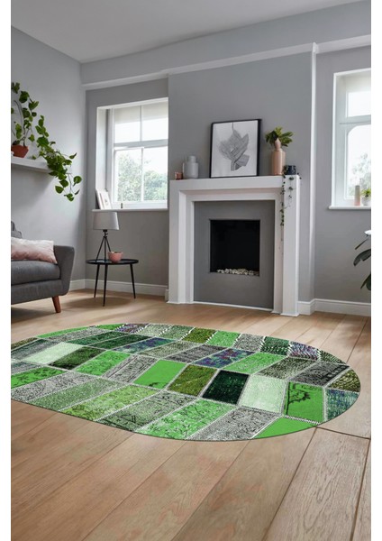 Baskılı Kaymaz Taban Yıkanabilir Patchwork Desen Oval Yolluk Salon Halısı, O-Patchwork-10-Yeşil, fırsatları