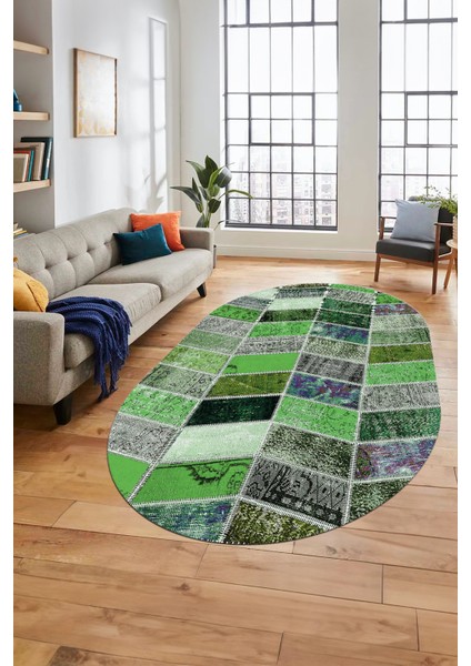 Baskılı Kaymaz Taban Yıkanabilir Patchwork Desen Oval Yolluk Salon Halısı, O-Patchwork-10-Yeşil, indirimleri