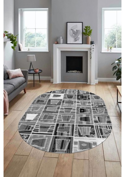 Baskılı Kaymaz Taban Yıkanabilir Patchwork Desen Oval Yolluk Salon Halısı, O-Patchwork-11-Gri, modelleri