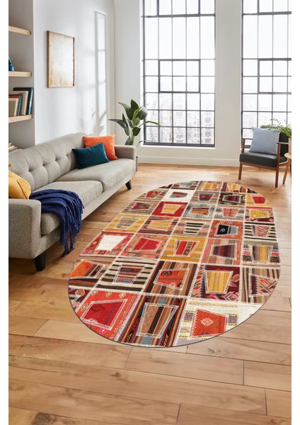 Baskılı Kaymaz Taban Yıkanabilir Patchwork Desen Oval Yolluk Salon Halısı, O-Patchwork-11-Renkli,