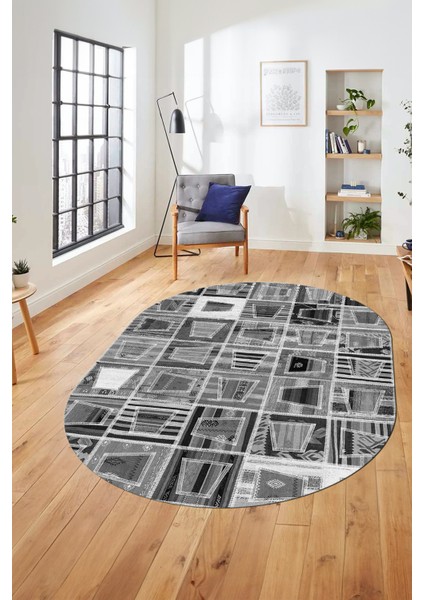 Baskılı Kaymaz Taban Yıkanabilir Patchwork Desen Oval Yolluk Salon Halısı, O-Patchwork-11-Gri,