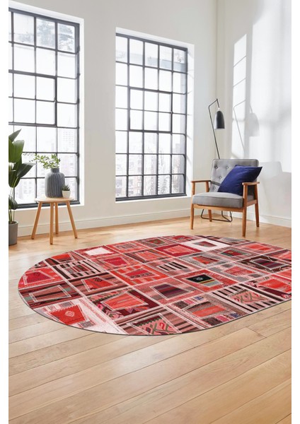 Baskılı Kaymaz Taban Yıkanabilir Patchwork Desen Oval Yolluk Salon Halısı, O-Patchwork-11-Kırmızı, fiyatları