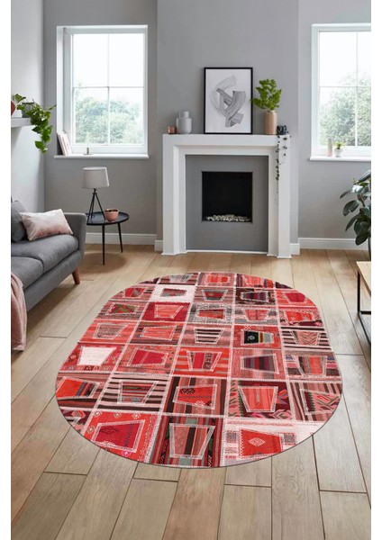 Baskılı Kaymaz Taban Yıkanabilir Patchwork Desen Oval Yolluk Salon Halısı, O-Patchwork-11-Kırmızı, modelleri