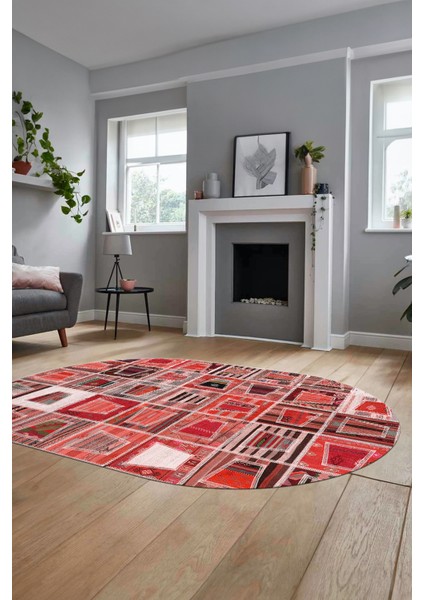 Baskılı Kaymaz Taban Yıkanabilir Patchwork Desen Oval Yolluk Salon Halısı, O-Patchwork-11-Kırmızı, fırsatları