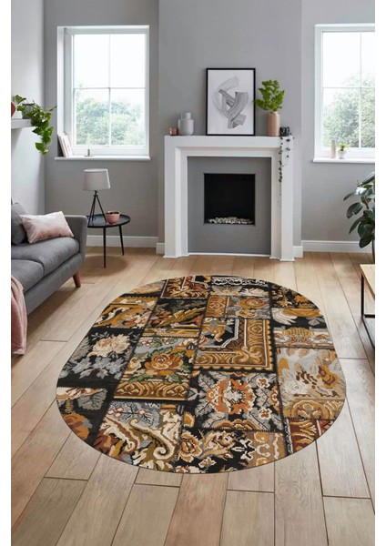 Baskılı Kaymaz Taban Yıkanabilir Patchwork Desen Oval Yolluk Salon Halısı, O-Patchwork-12-Kahve, modelleri