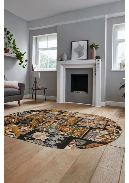Baskılı Kaymaz Taban Yıkanabilir Patchwork Desen Oval Yolluk Salon Halısı, O-Patchwork-12-Kahve, fırsatları