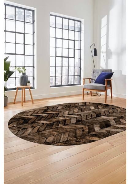 Baskılı Kaymaz Taban Yıkanabilir Patchwork Desen Oval Yolluk Salon Halısı, O-Patchwork-13-Kahve,