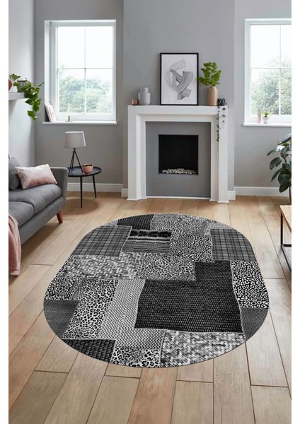 Baskılı Kaymaz Taban Yıkanabilir Patchwork Desen Oval Yolluk Salon Halısı, O-Patchwork-15-Gri,