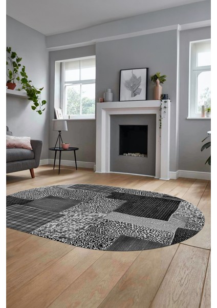 Baskılı Kaymaz Taban Yıkanabilir Patchwork Desen Oval Yolluk Salon Halısı, O-Patchwork-15-Gri,