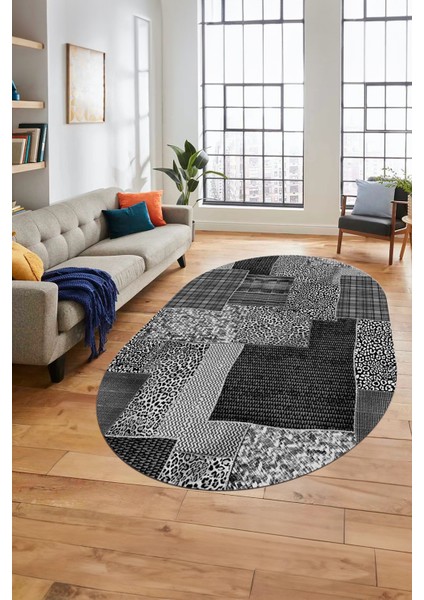 Baskılı Kaymaz Taban Yıkanabilir Patchwork Desen Oval Yolluk Salon Halısı, O-Patchwork-15-Gri,