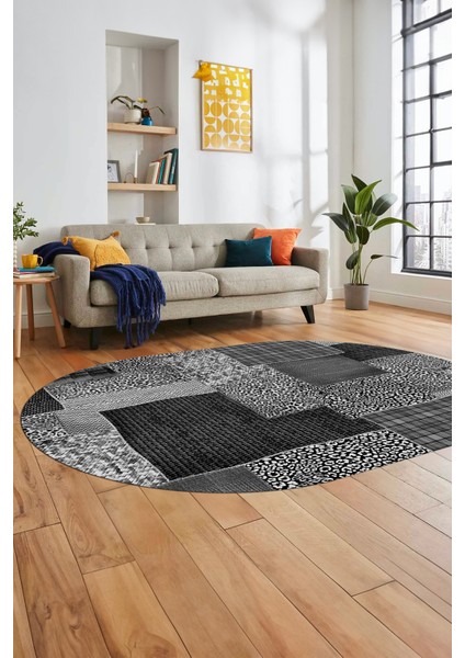 Baskılı Kaymaz Taban Yıkanabilir Patchwork Desen Oval Yolluk Salon Halısı, O-Patchwork-15-Gri,