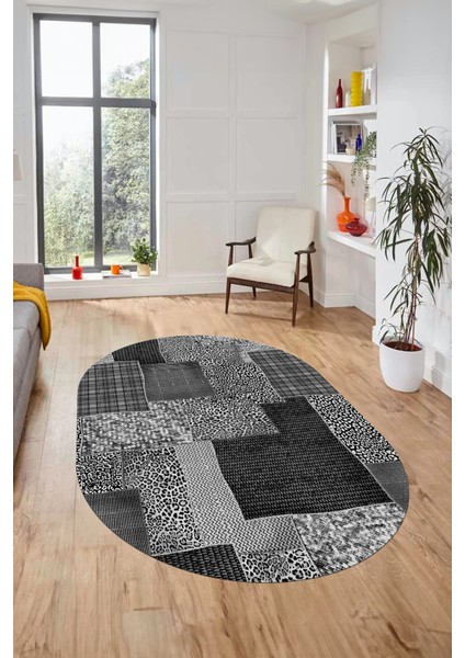 Baskılı Kaymaz Taban Yıkanabilir Patchwork Desen Oval Yolluk Salon Halısı, O-Patchwork-15-Gri,