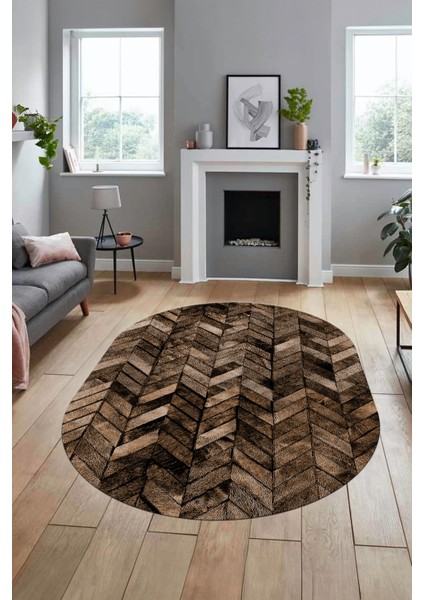 Baskılı Kaymaz Taban Yıkanabilir Patchwork Desen Oval Yolluk Salon Halısı, O-Patchwork-13-Kahve,
