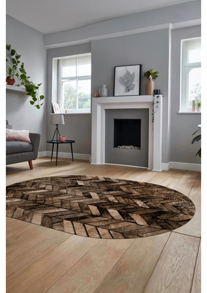 Baskılı Kaymaz Taban Yıkanabilir Patchwork Desen Oval Yolluk Salon Halısı, O-Patchwork-13-Kahve,