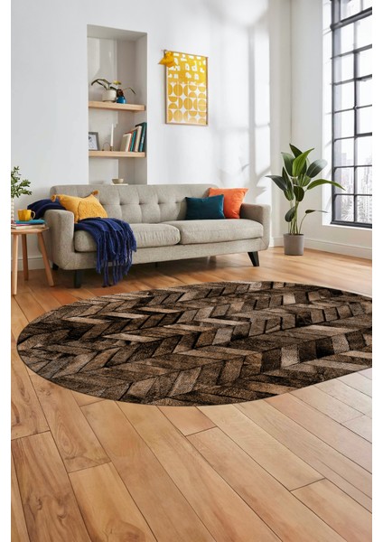Baskılı Kaymaz Taban Yıkanabilir Patchwork Desen Oval Yolluk Salon Halısı, O-Patchwork-13-Kahve,